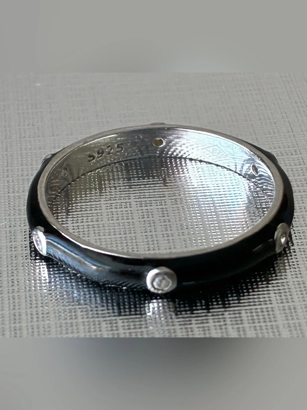 Sterling 925 Black Enamel Ring with Clear Stone Sz 9